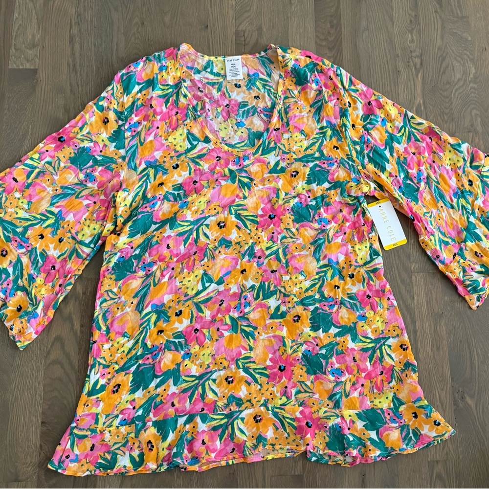 NWT Anne Cole Signature Womens Floral Flounce Tunic swimsuit Cover-Up size M/L